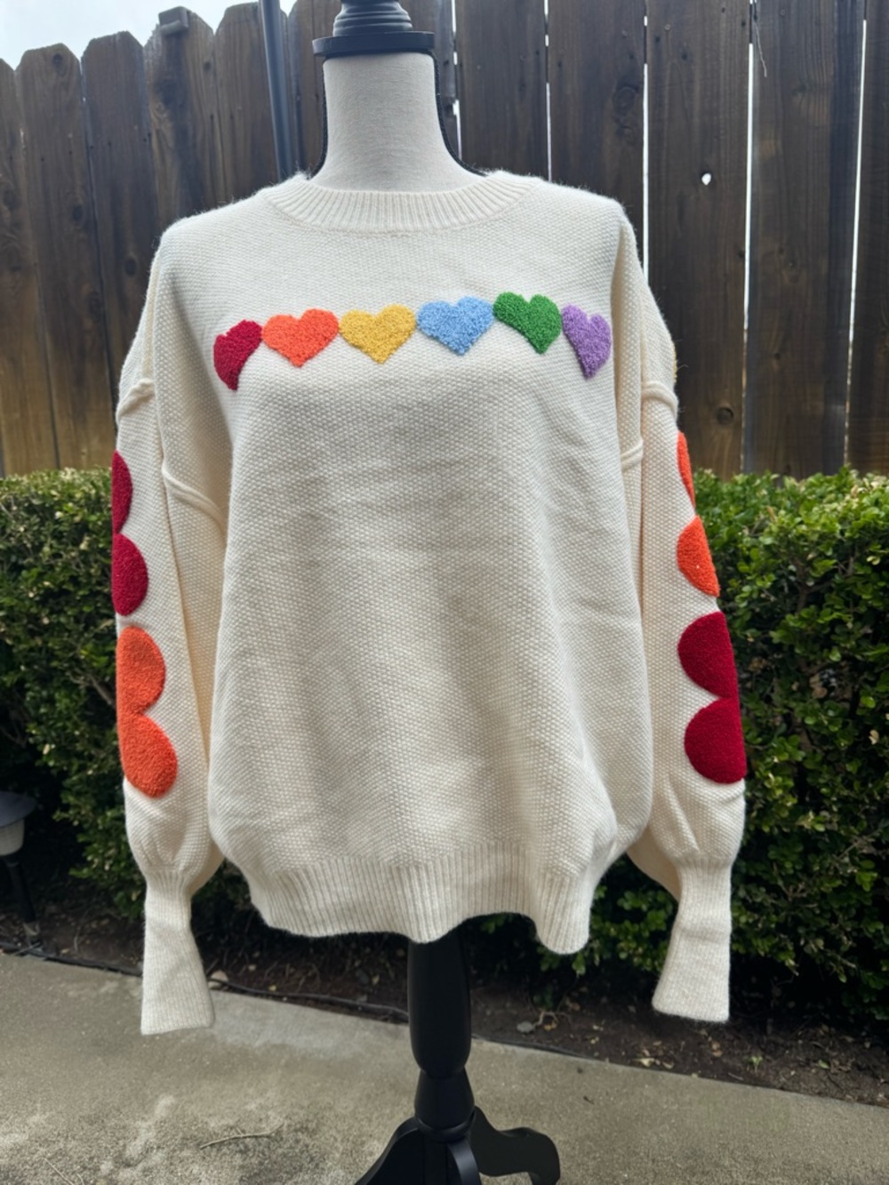 Cream Crewneck Sweater with Rainbow Heart Accents